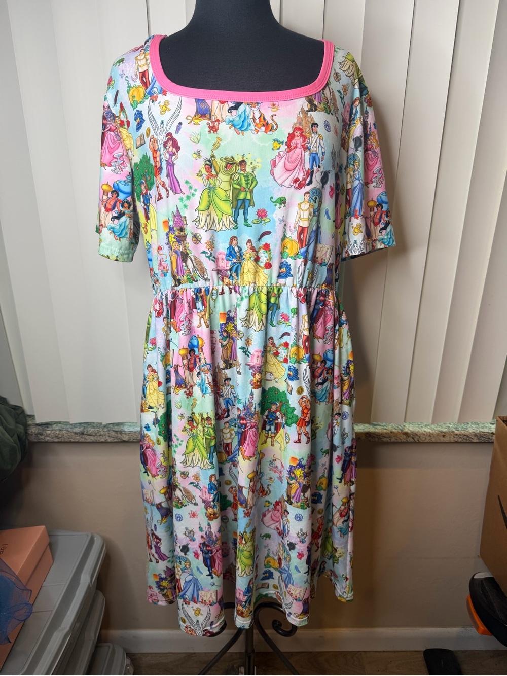 Pink-Trim Disney Princess Character Print Side Pocket Dress Size XL